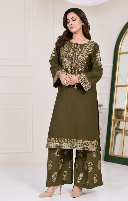 Poshkari Olive Luxury Dhanak Lawn Embroidered 2Pc Unstitched Suit PA-210