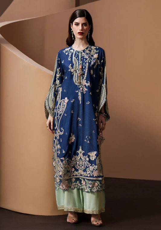 Ethnc ROYAL BLUE Luxury Silk Embroidered 3 Pc Unstitched Kaftan Suit PA-212