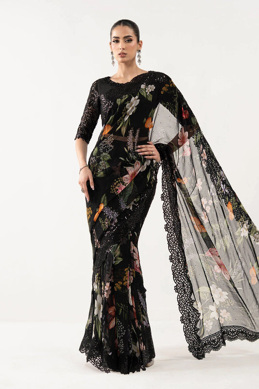 Maria B Luxury Chiffon Embroidered 3Pc Unstitched Suit SF - EF26 - 09 - Black - Small