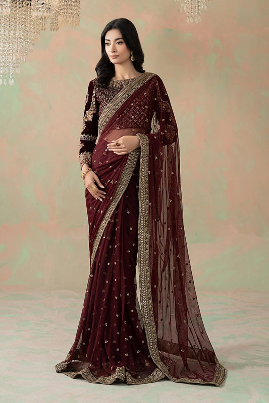 Maria B 11R1-Maroon Luxury Net Embroidered 3Pc Unstitched Sari PA-131