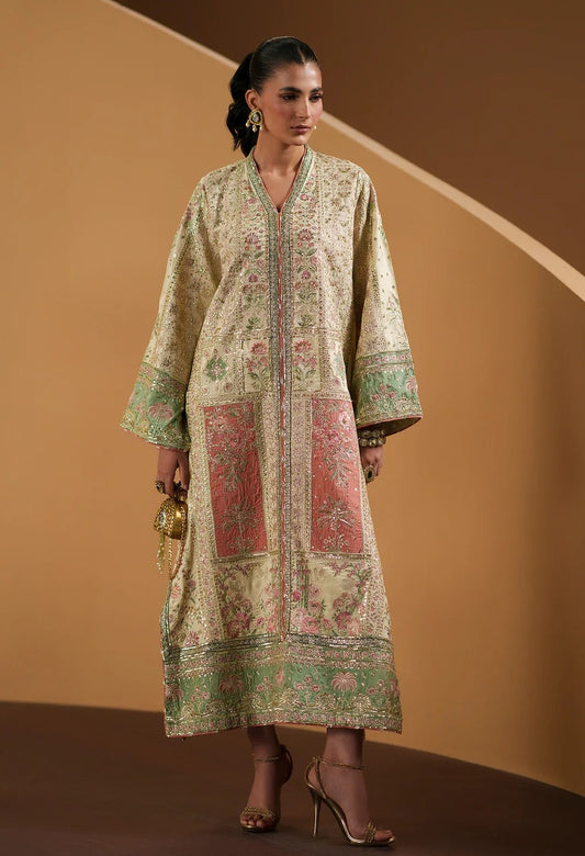 ETHNC ANTIQUE WHITE | E1210/104/006 Luxury Silk Embroidered 3Pc Unstitched Kaftan Suit PA-205