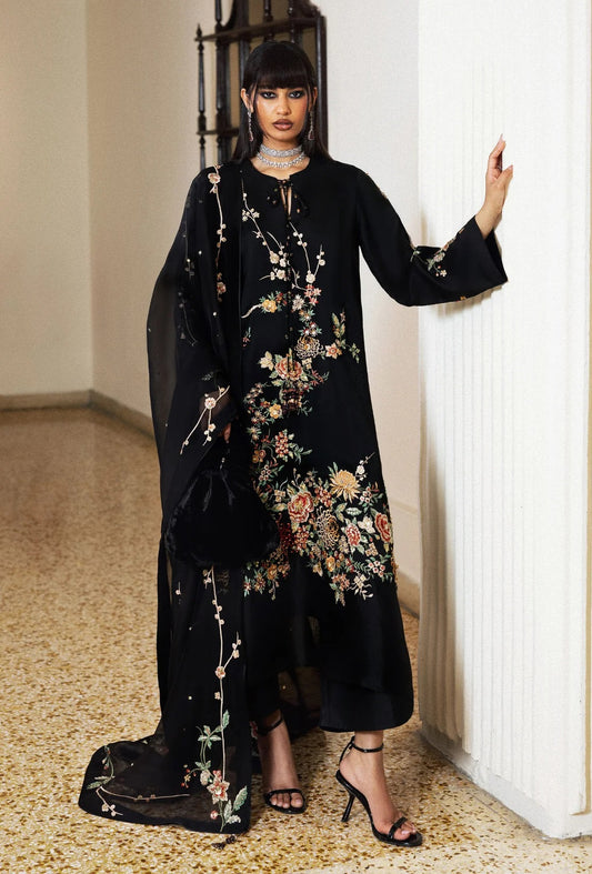 Hussain Rehar Luxury Embroidered Raw Slik Unstitched 3Pc Suit - Sitara Noir - PA - 0095