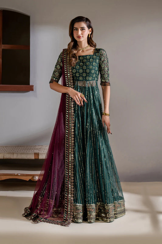 Iznik Meraki Luxury Embroidered Dark Green Luxury Unstitched Net Maxi D-07