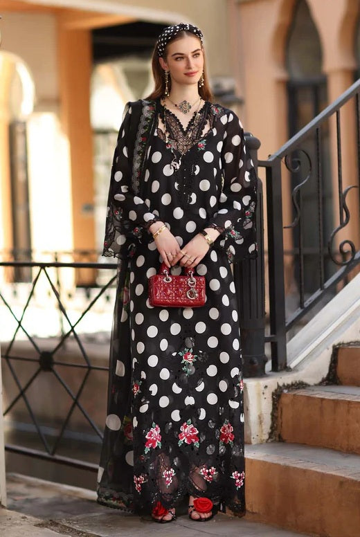 Noor By Saadia - Lawn Embroidered 3 Piece Unstitched - Black Polka