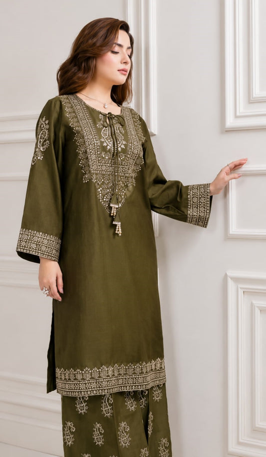 Poshkari Olive Luxury Dhanak Lawn Embroidered 2Pc Unstitched Suit PA-210