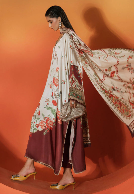 Maria.B 03R1-Beige and Maroon Luxury Silk Embroidered 3Pc Unstitched Suit PA-161