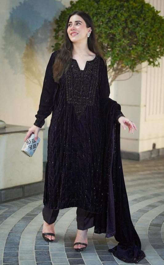 Aneela’s Deep Plum Sparkle Velvet 3 Pc Unstitched Collection