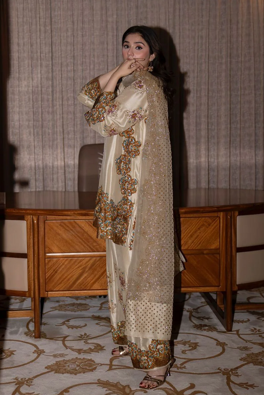 Muse Lambs Crème Embellished Raw Silk Addawork Hand Embellished Wedding Collection-Beige