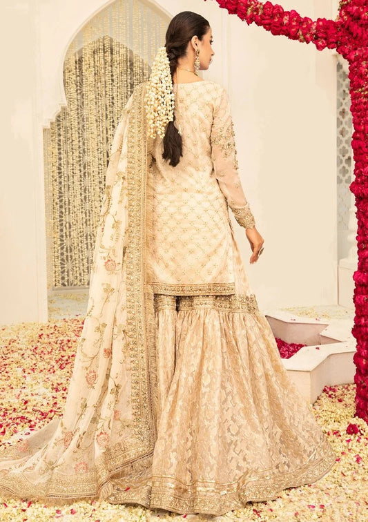 Maria.B Couture Ivory Gold MC-047 Luxury Chiffon Embroidered 3Pc Unstitched Suit Fully Hand Work PA-158