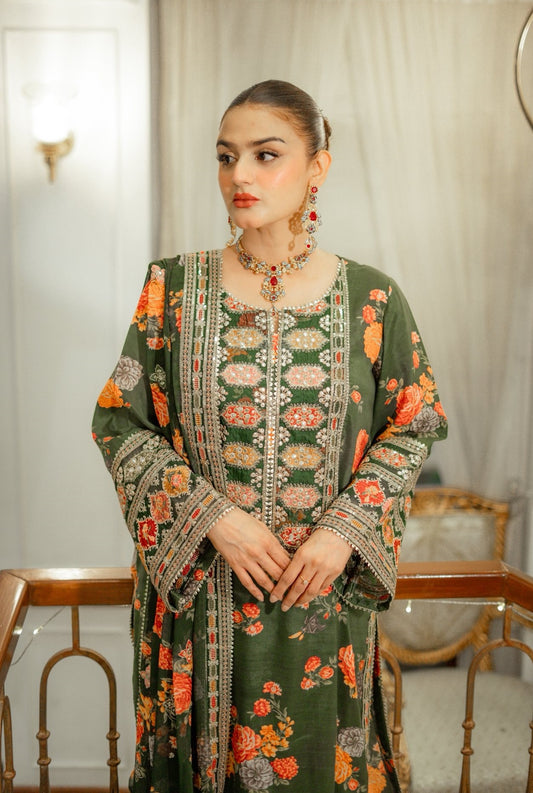 Aneelas Silk Dress Embroidered 3 Piece Unstitched LUX-15 (Green)