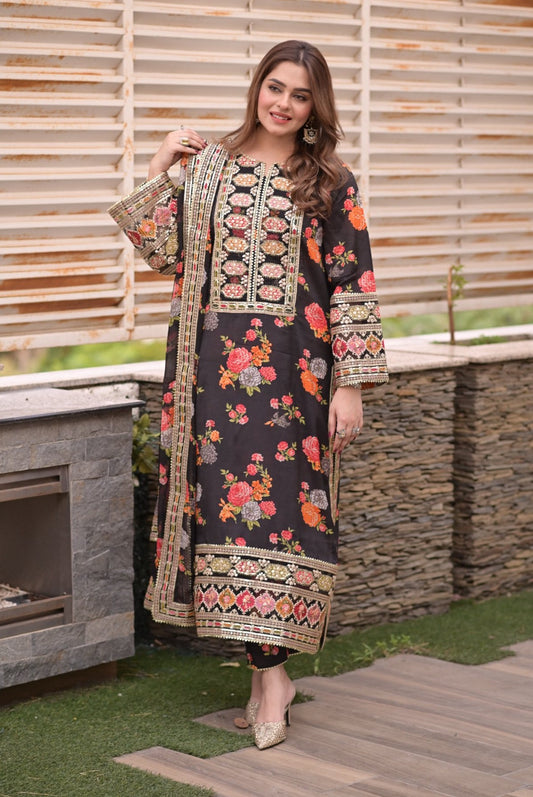 Aneelas Luxury Silk 3 Piece Unstitched (Black)