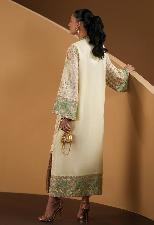 ETHNC ANTIQUE WHITE | E1210/104/006 Luxury Silk Embroidered 3Pc Unstitched Kaftan Suit PA-205