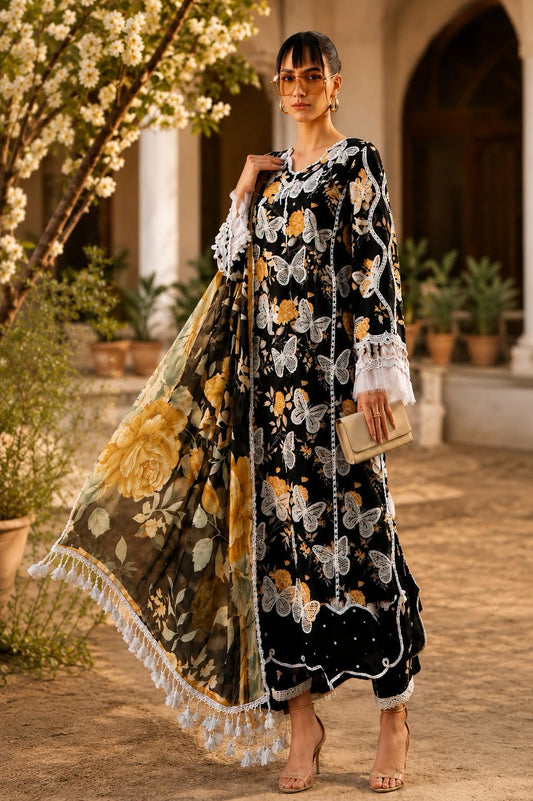 Maria B Luxury Embroidered Lawn 3Pc Unstitched Suit-Butter Fly Black