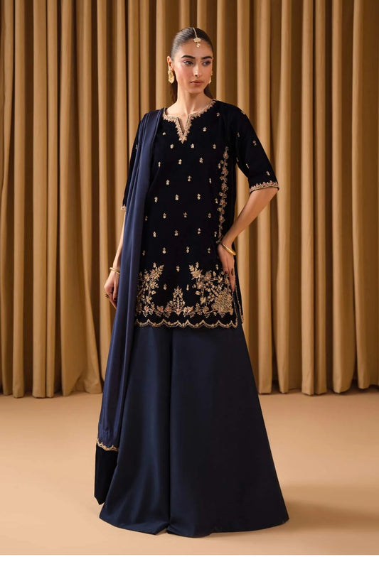 Kaida - Azure - Luxury Velvet Embroidered Unstitched 3 Piece