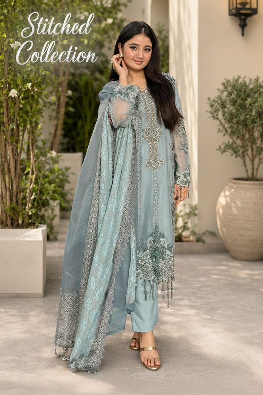 Luxury Embroidered Chiffon 3Pc Stitched Suit MPC-26-106-Slate Blue