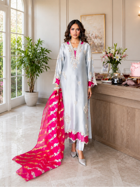 Poshkari Luxury Sheesha Silk Embroidered 3Pc Unstitched Suit ZAINA