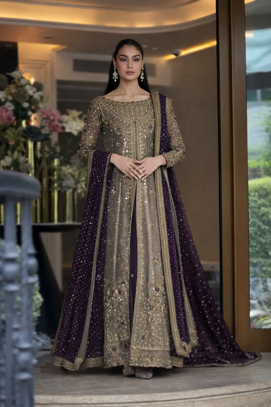 Haris Shakeel Luxury Formals Hand Embellished Addawork Wedding Collection-Tobbaco & Purple