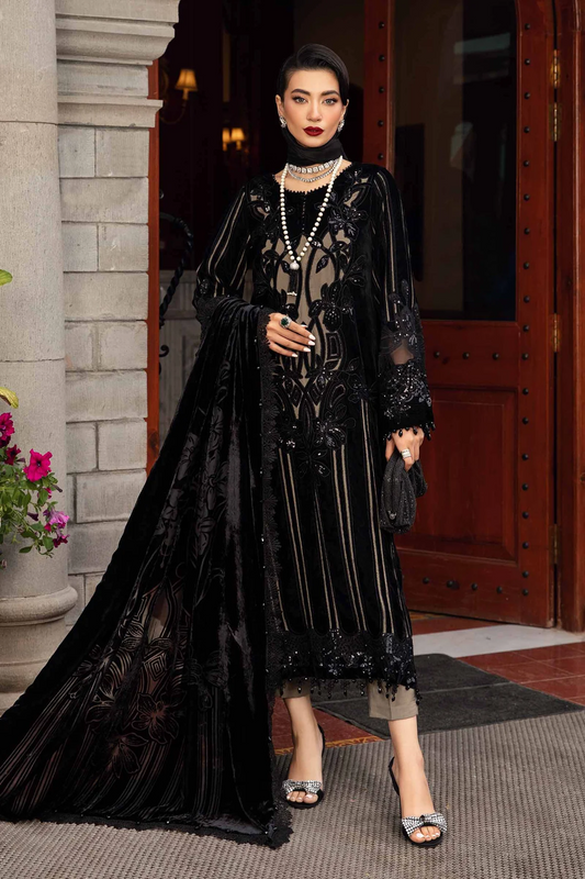 Maria.B Vinter Luxe 3 Piece Unstitched Embroidered Velvet Suit DL-1205 With Paliachi Shawl