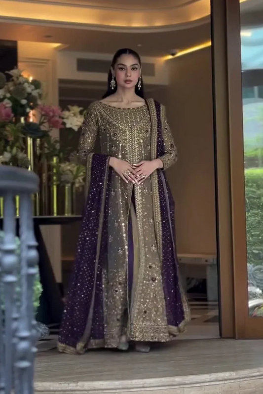 Haris Shakeel Luxury Formals Hand Embellished Addawork Wedding Collection-Tobbaco & Purple