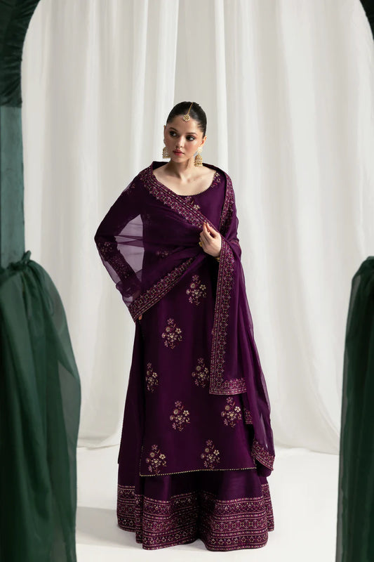 Zaib Luxury Wedding Festive Raw Silk Embroidered Unstitched Suit DEEP PLUM