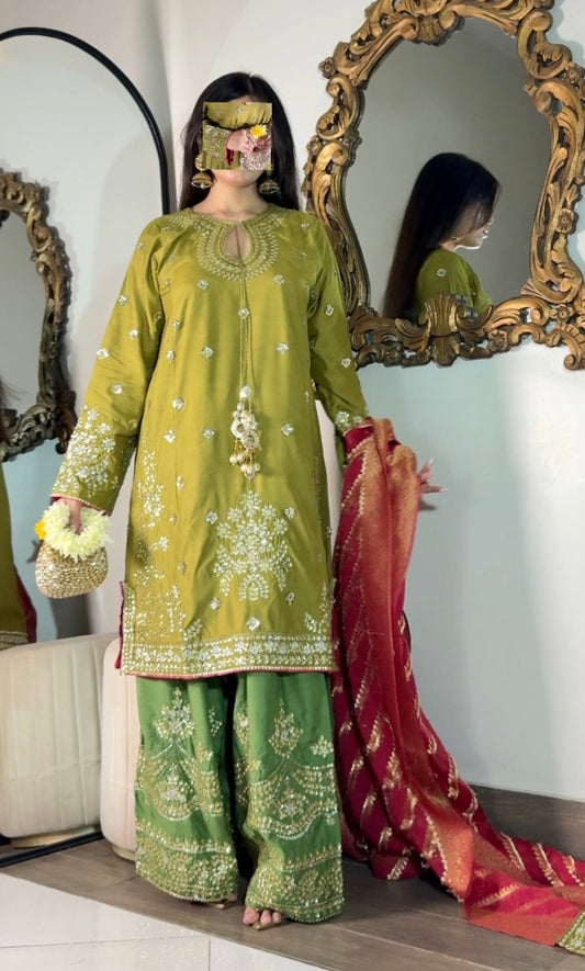 Poshkari Luxury Embroidered Raw Silk 3Pc Stitched Suit PA-123
