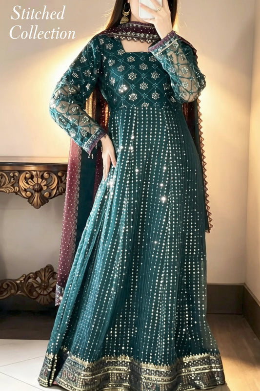 Iznik Meraki Luxury Embroidered Dark Green Luxury Stitched Net Maxi D-07
