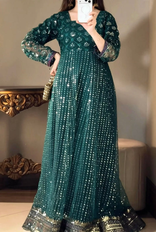 Iznik Meraki Luxury Embroidered Dark Green Luxury Stitched Net Maxi D-07