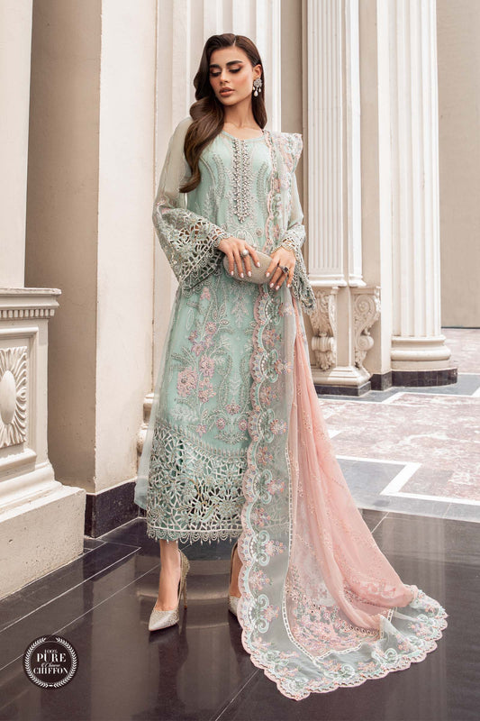 Maria B MPC-23-104-Mint Green Luxury Chiffon Embroidered 3Pc Unstitched Suit PA-216