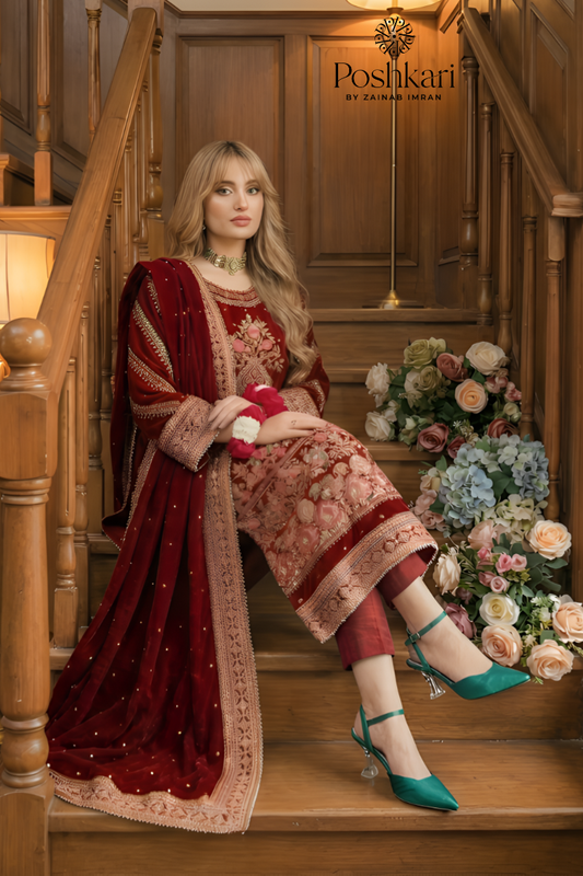 Aneelas Luxury Velvet Unstitched Embroidered Collection with velvet Shawl