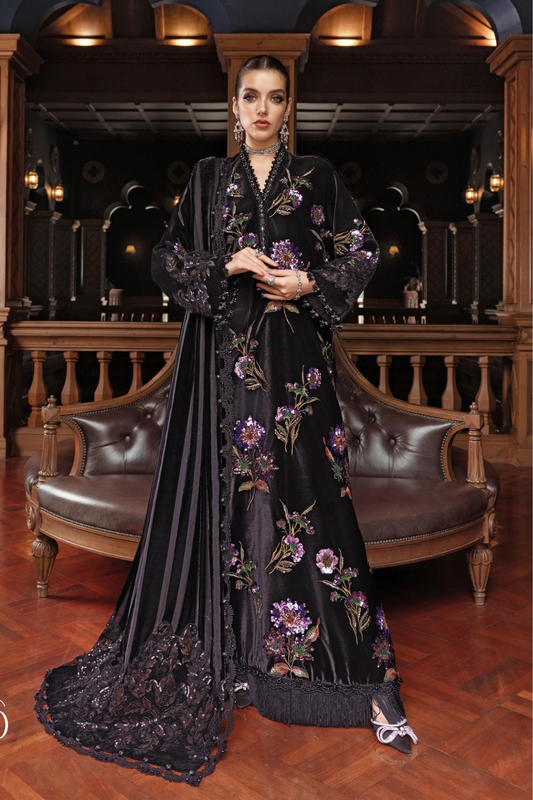 Maria.B Winter Luxe Embroidered Velvet Unstitched 3Pc Suit D-06 With Palaichi Shawl
