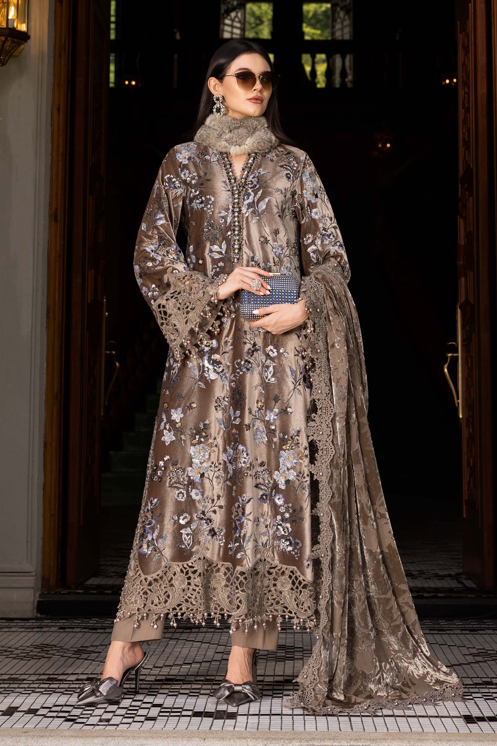 maria b velvet shawl suit