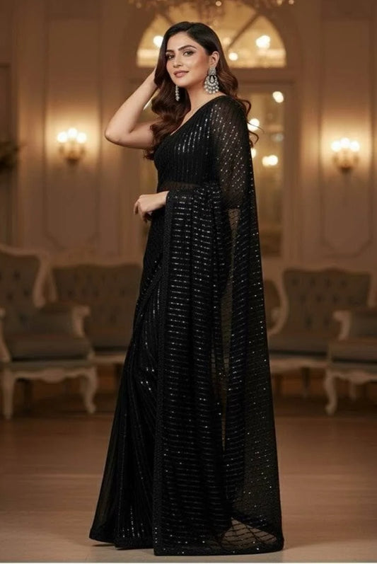 Pehnawa Luxury Chiffon Embroidered Saree Unstitched 3 Piece - Siyah