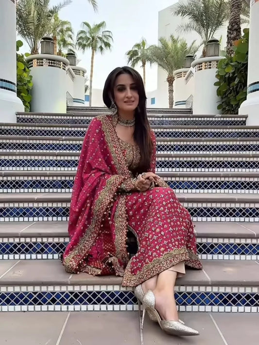 Poshkari Luxury Embroidered Chiffon Collection Shocking Pink