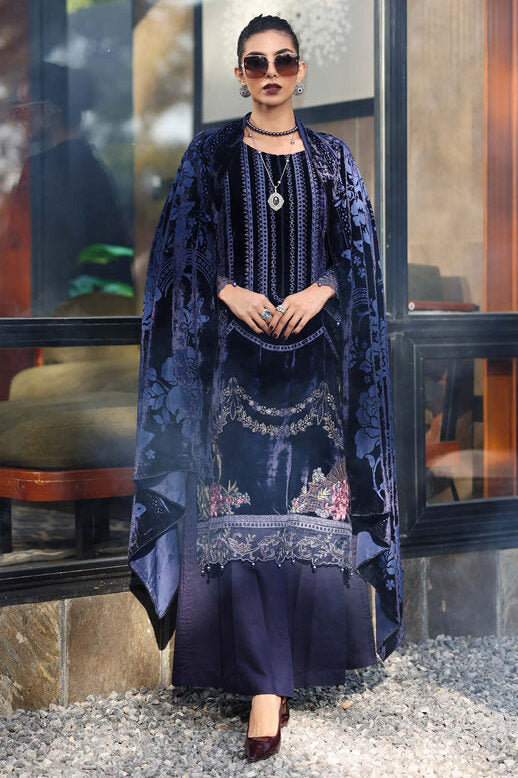 Maria.B Luxury Velvet Embroidered Unstitched Suit With Velvet Palaichi Shawl