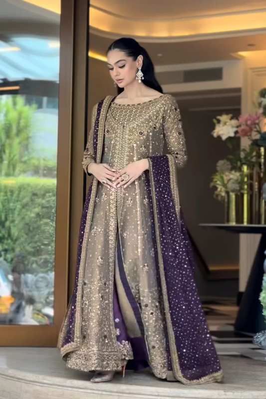 Haris Shakeel Luxury Formals Hand Embellished Addawork Wedding Collection-Tobbaco & Purple