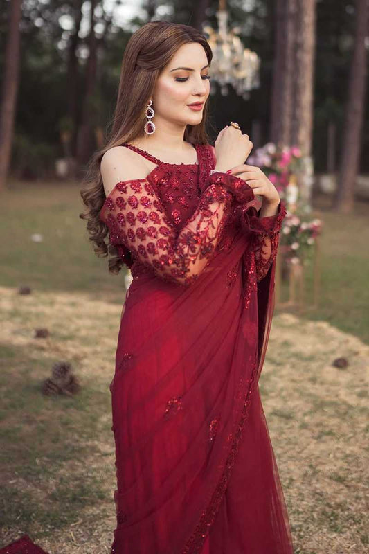 Shazia Kiyani Net Embroidered Saree Unstitched RED GLAM