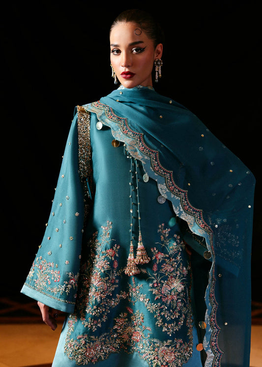 Hussain Rehar Luxury Tussle Silk Formal Wedding Collection-Teal Green Verta 02