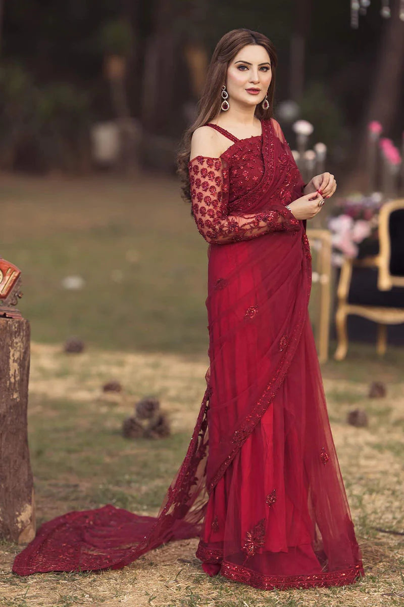 Shazia Kiyani Net Embroidered Saree Unstitched RED GLAM