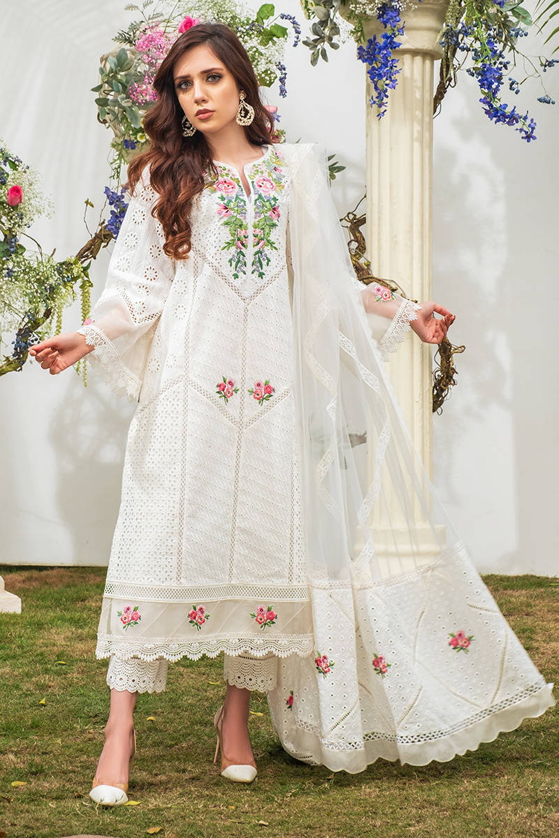 Farida Hassan Embroidered Lawn 3 Piece Unstitched Suit FH-22 WHITE-Summer Collection
