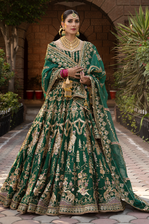 Mohsin Naveed Ranjha Nazneen Unstitched Gold Green Lehenga Choli Formal Collection on Raw Silk