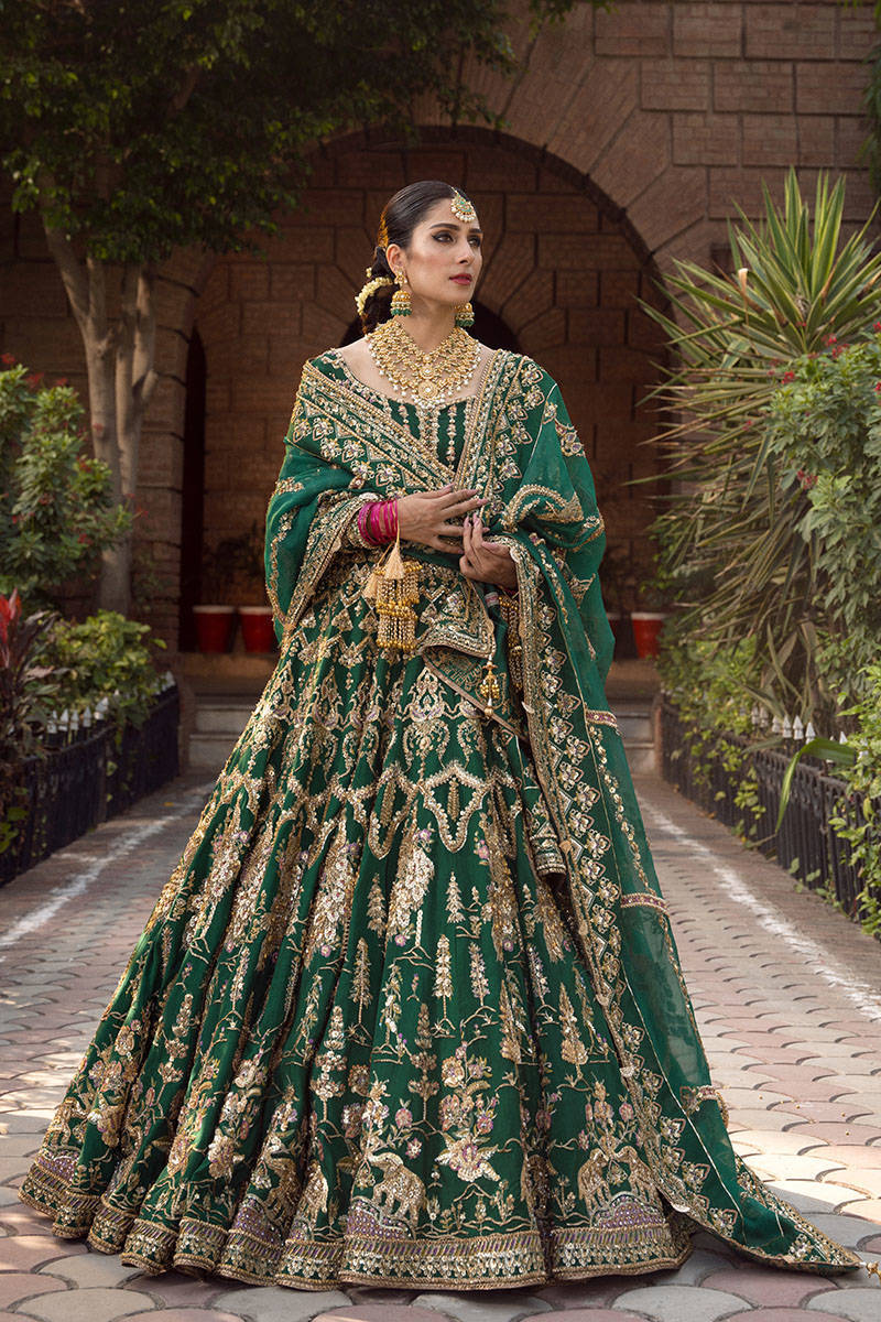 Mohsin Naveed Ranjha Nazneen Unstitched Gold Green Lehenga Choli Formal Collection on Raw Silk