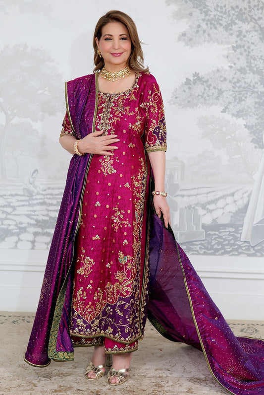 Farha Talib Aziz - Luxury Raw Silk 3 Piece Unstitched Bita Magenta Kurta