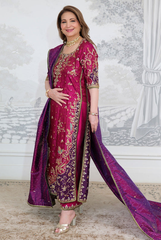 Farha Talib Aziz - Luxury Raw Silk 3 Piece Unstitched Bita Magenta Kurta
