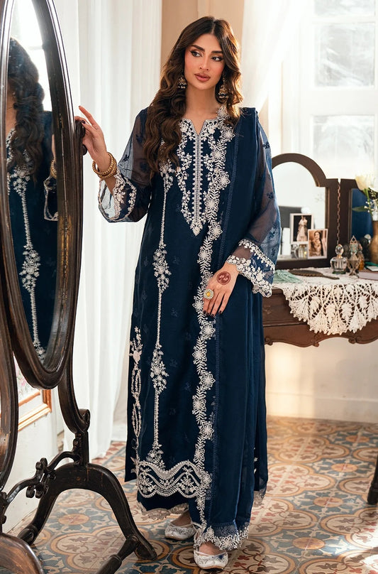 Azure Stellar Blue Luxury Chiffon Embroidered 3Pc Unstitched Suit  PA-213