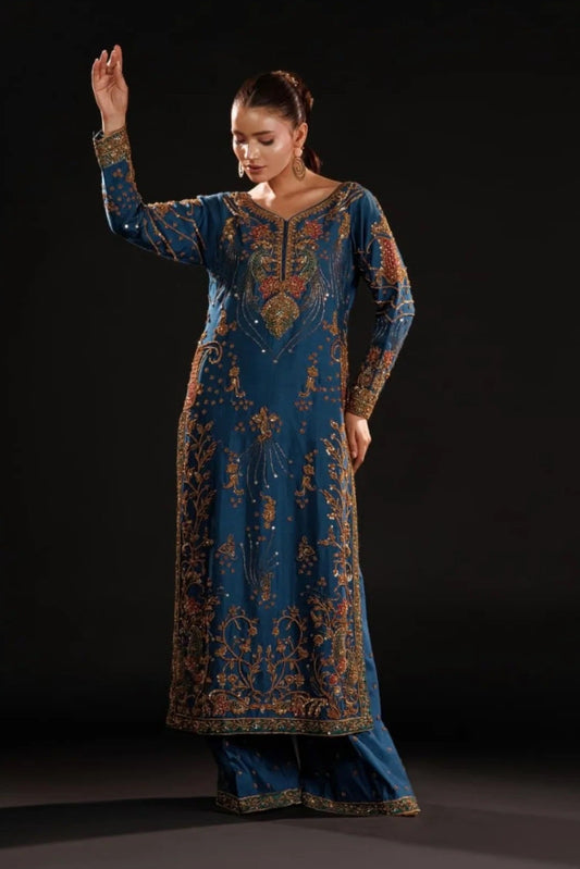 Usama  Luxury Raw Silk Embroidered 3Pc Unstitched Suit Azure Dynasty