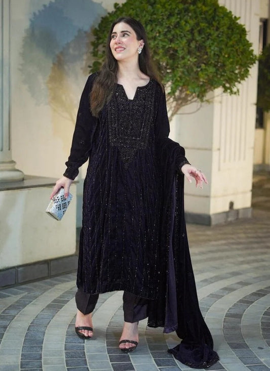 Aneela’s Deep Plum Sparkle Luxury Velvet Embroidered 3Pc Unstitched Suit PA-280