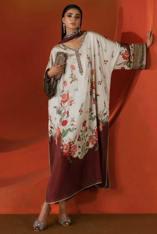 Maria.B 03R1-Beige and Maroon Luxury Silk Embroidered 3Pc Unstitched Suit PA-161