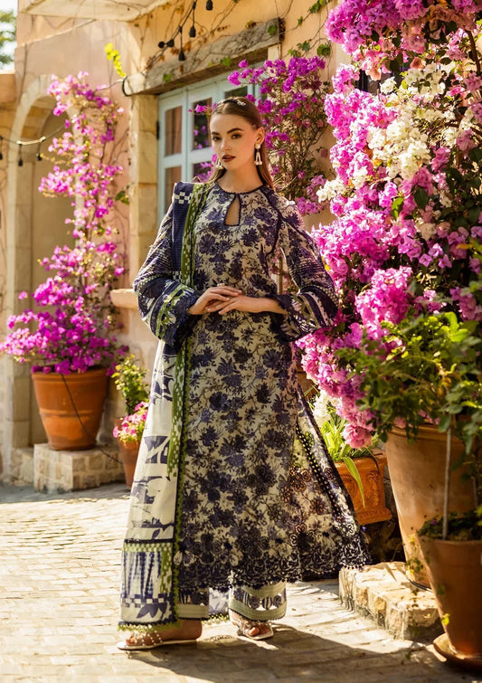 Elaf Chikankari Luxury Lawn'25 Embroidered 3 Piece Unstitched ELK-01A Blue Blossom