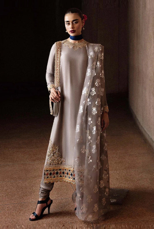 Hussain Rehar Luxury Raw Silk Embroidered 3Pc Unstitched Suit-Mist