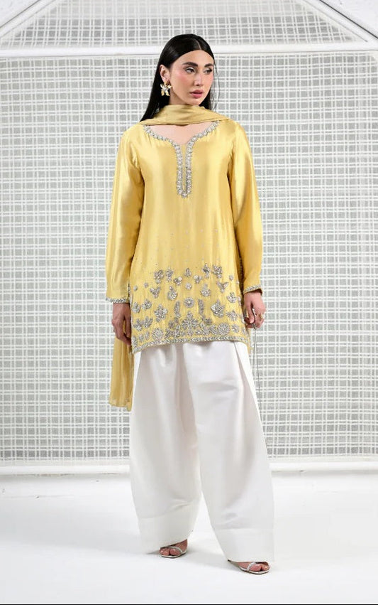 Huma Mistry Luxury Silk Embroidered 3 Pc Unstitched Suit-Butter Radiance